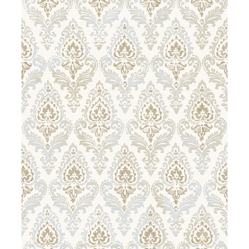 Floral Motif Damasco Design Embossed Satin 10m x 53cm Wallpaper Roll, Beige/Blue/Cream