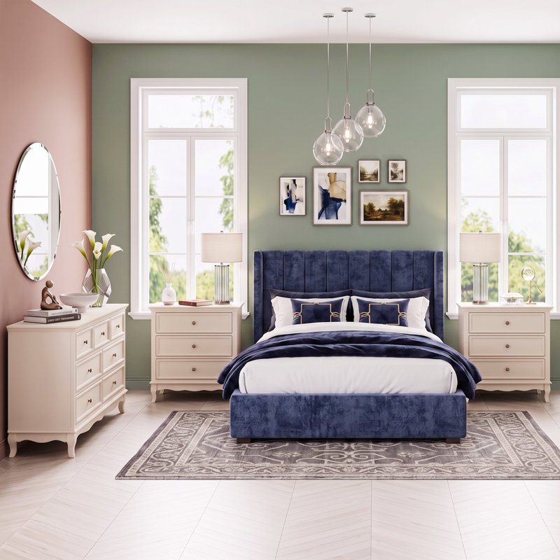 Ensemble de commode 3 pièces pour chambre à coucher comprenant une commode à 7 tiroirs et deux commodes à 3 tiroirs, beige