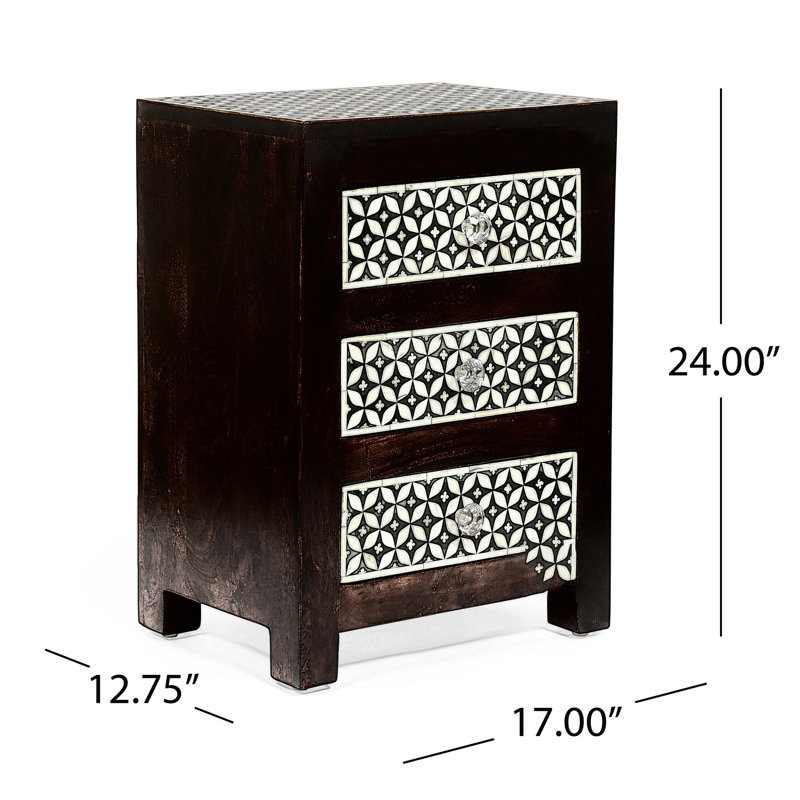 Exquisite Mango Wood and Bone Inlay Nightstand with Three Drawers for Storage