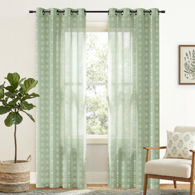 Sage Green Cottage Core Floral Curtains, Light Green Sheer Linen Boho Pattern Curtains For Bedroom Living Room 84 Inches Long 2 Panels Set