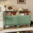 118" W Sage Green Modular Entertainment Center & Display Cabinet with LED Lights, Glass Doors, Brass-Colored Hardware & Genuine Leather Pulls, Fits TVs Up to 75"-681753309