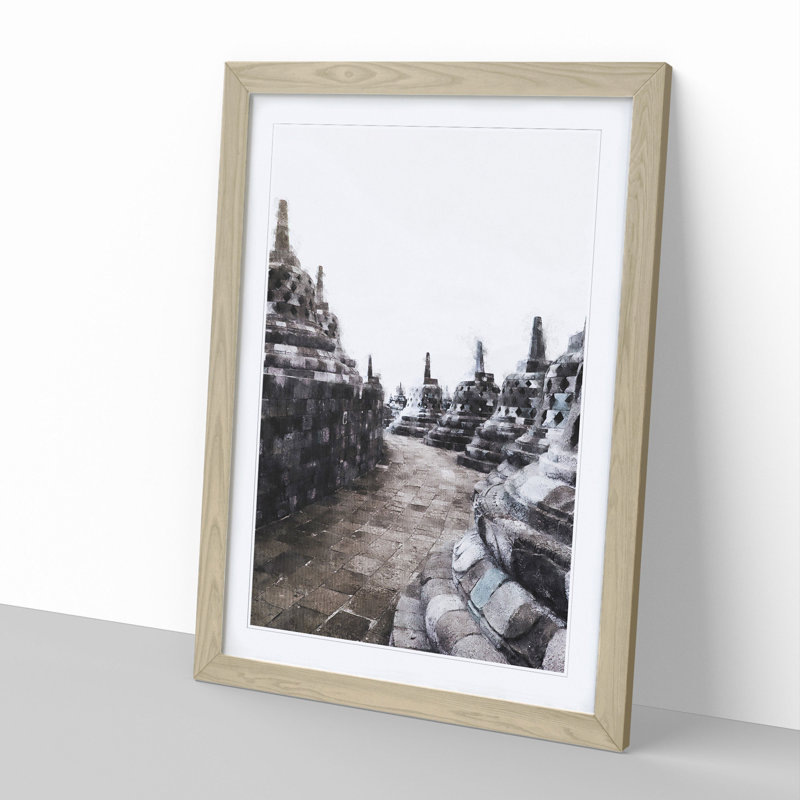 The Borobudur in Indonesia - Picture Frame Painting, 36cm H x 27cm W x 2cm D, Oak Framed