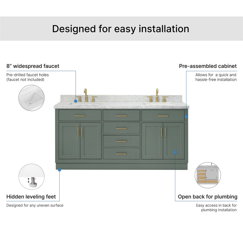 ARIEL HEPBURN 73 IN DOUBLE RECTANGLE SINK VANITY 1,5 IN, 73", Rectangular, Vintage Green