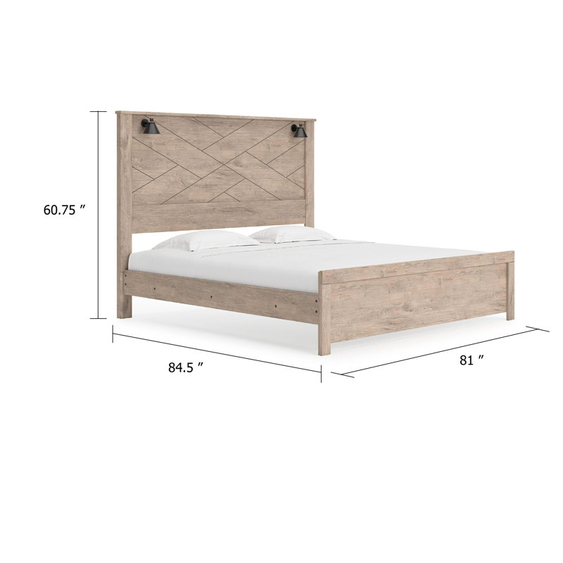 Très grand lit à panneau Hara avec 2 appliques murales, bois gris-blanc rustique clair, Très grand, Gris