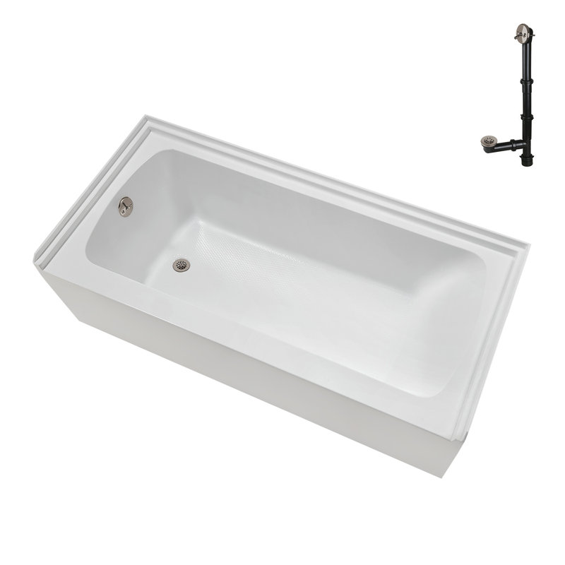 Baignoire en alcôve en acrylique blanc brillant avec drain extérieur 66 po x 32 po Streamline, Nickel brossé