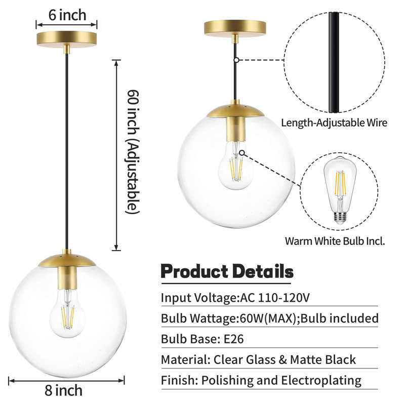 Luminaire suspendu simple à 1 lumière Gritta, Laiton