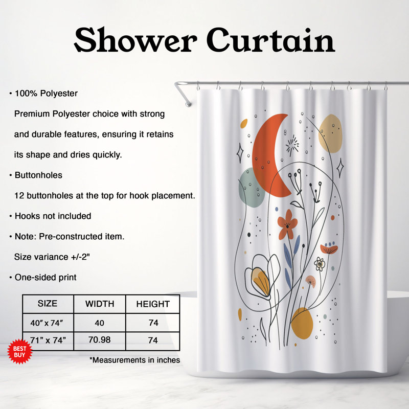 Rideau de douche standard 1 pièce, H 74 po x l 71 po, Fleurs linéaires