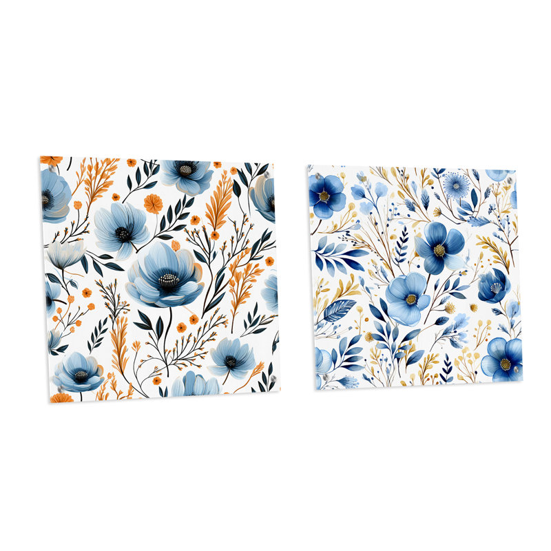 Aquarelle fantaisie - Motif floral bleu, H 36 po x l 73 po