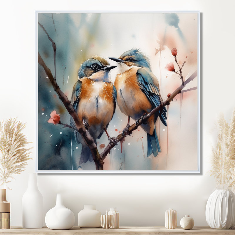 Oiseaux bleus assis sur une branche d'arbre III - Art mural floral, H 30 po x l 30 po, Cadre flottant blanc