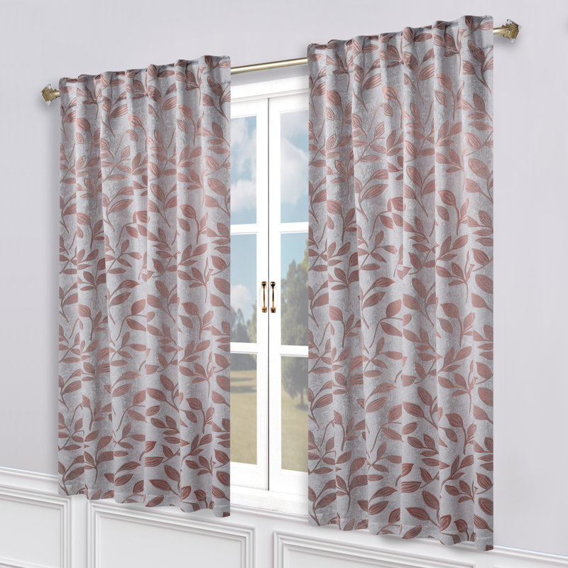  Leaves Pattern Machine Washable 100% Polyester Black Out Curtains with Back Tabs, 52" W x 108" L, Champagne