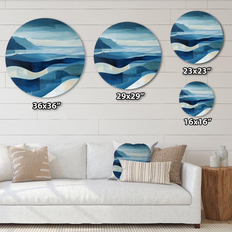 «Blue Ethereal Coastal Horizon II», art mural rond en métal abstrait, H 16 po x l 16 po