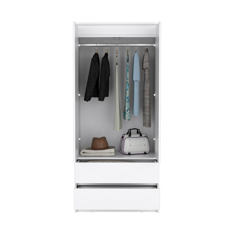 Armoire 2 tiroirs, porte double, tringle, Blanc