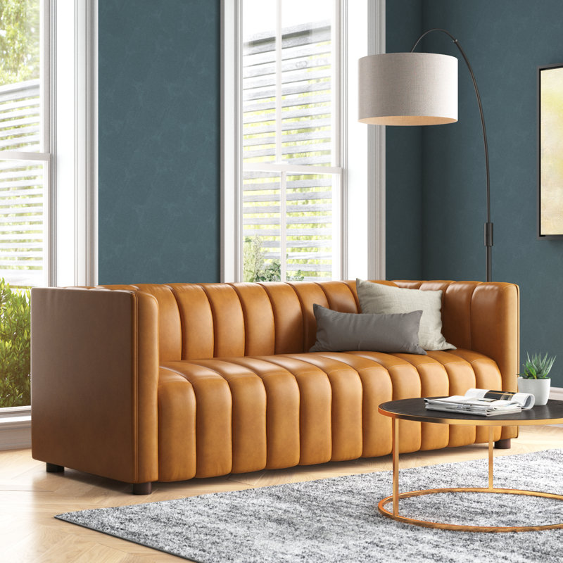 Claudio 83'' Genuine Leather Channel Tufted Sofa, Camel Pebbled Genuine Leather