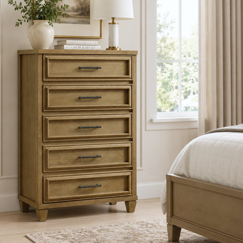 Cashin 28.7" W Solid Wood Traditional Brown 5 Drawer Chest, Antique Oak