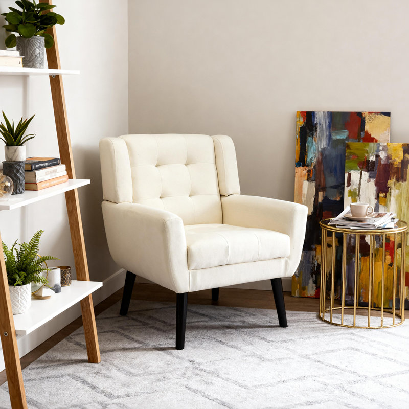 Tufted Upholstered Wide Back Armchair（Set of 2）, Ivory Linen Blend