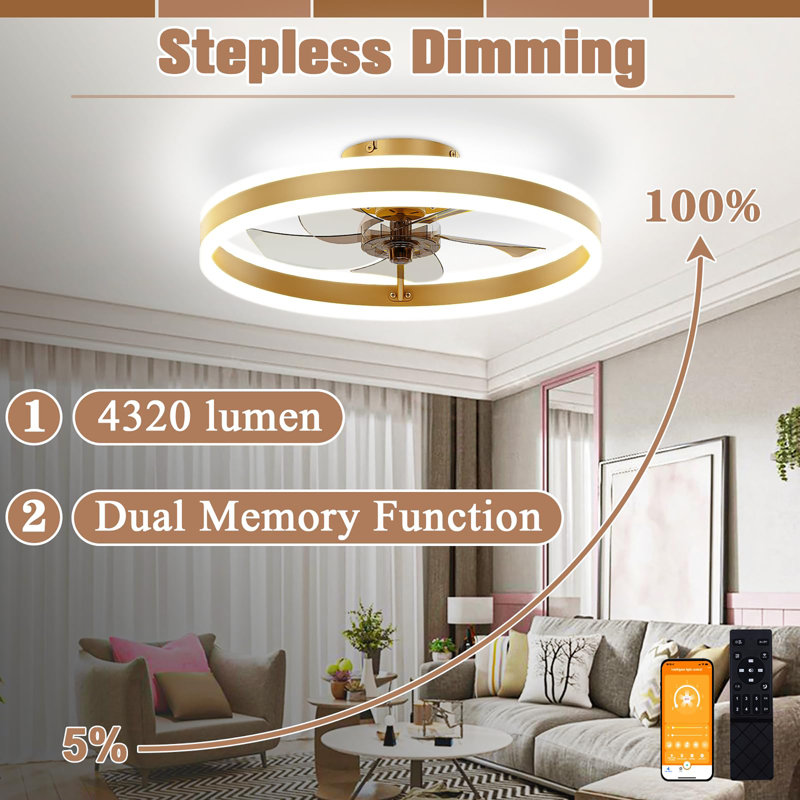 Ventilateurs de plafond 19,7 pouces à profil bas avec lumières et télécommande, Doré