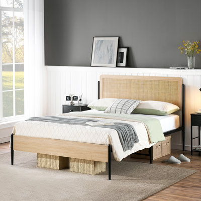 Metal Platform Bed with Rattan Headboard and Footboard Oak Finish Heavy Duty Bed Frame
