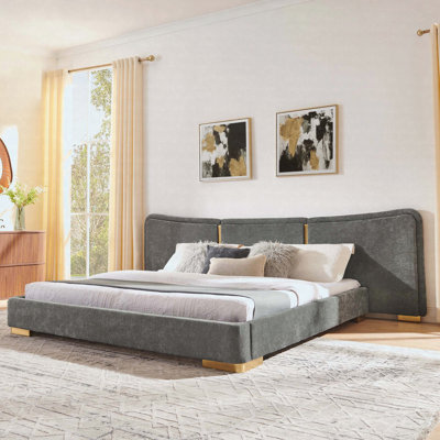 Très grand lit plateforme très grand lit, structure en tissu de chenille doux, tête de lit incurvée, pieds en métal électrolytique renforcé, conception latérale flexible à bricolage - gris foncé