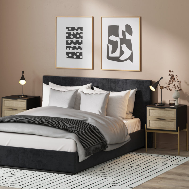 2-Piece End Table with Drawer Set, Black, Gold