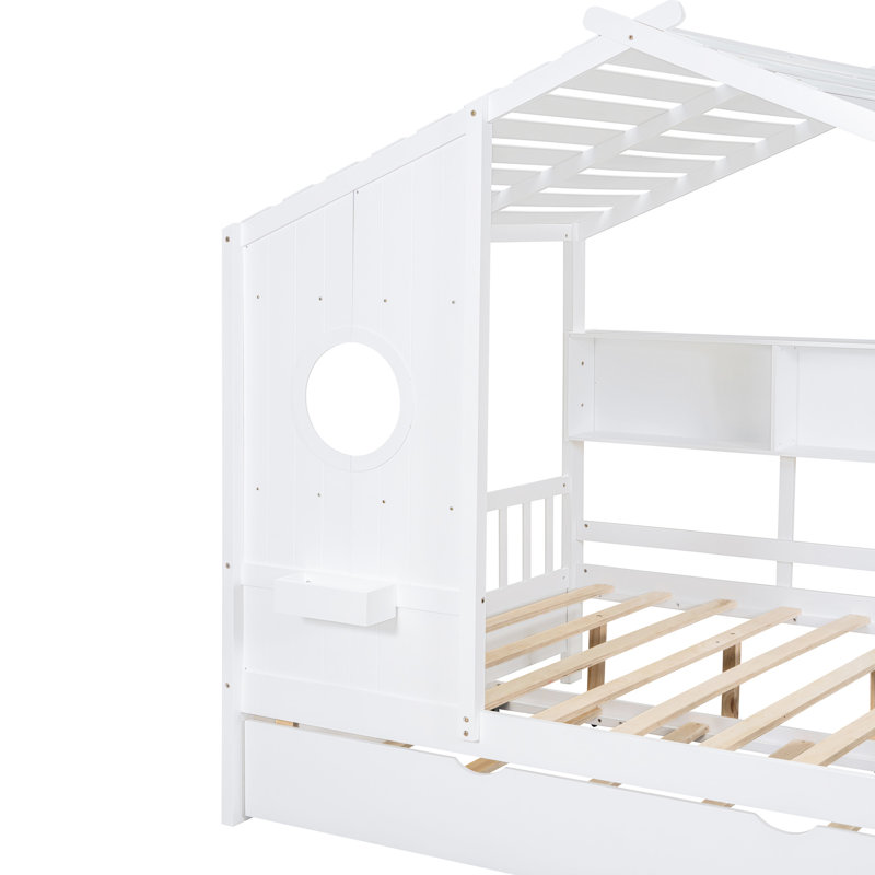 Lit simple en bois avec lit gigogne, conception moderne pour tablettes de nuit avec petite papeterie et décorations, Blanc