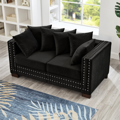 Velours noir, design moderne, style contemporain, accoudoirs carrés, clous argentés, sièges confortables rembourrés de ressorts, housses amovibles, siège de rangement à 2 places, moderne, accoudoirs, éponge à haute élasticité, poche