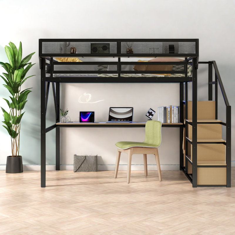 Grand lit mezzanine avec rangement, bureau moderne en métal pour économiser de l'espace