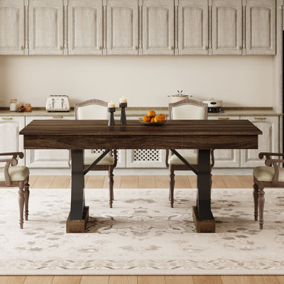 Dining Table for 6-8 with 2 Drawers, Wooden Kitchen Table with Double Pedestal & Large Tabletop, 8 Ft Large Rectangular Dinner Table with Sturdy Frame