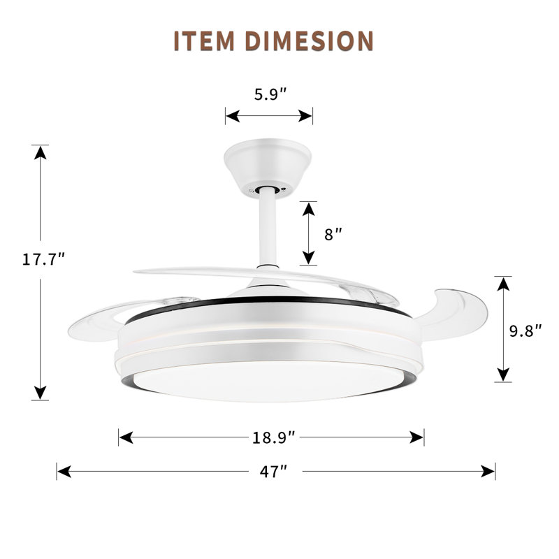 Ventilateurs de plafond rétractables de 47 pouces avec lumières, ventilateurs de plafond à DEL sans pales modernes avec télécommande, ventilateur de chambre à coucher blanc intelligent avec lumière (blanc)