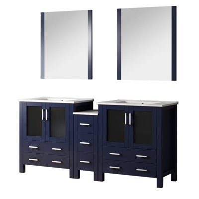 72 In. Wide Navy Blue Double Bath Vanity With Side Cabinet, White Ceramic Countertop, Solid Wood Structure, Soft - Closing Drawers, Two Interior Cabinets And Seven Drawers For Ample Storage, Stain