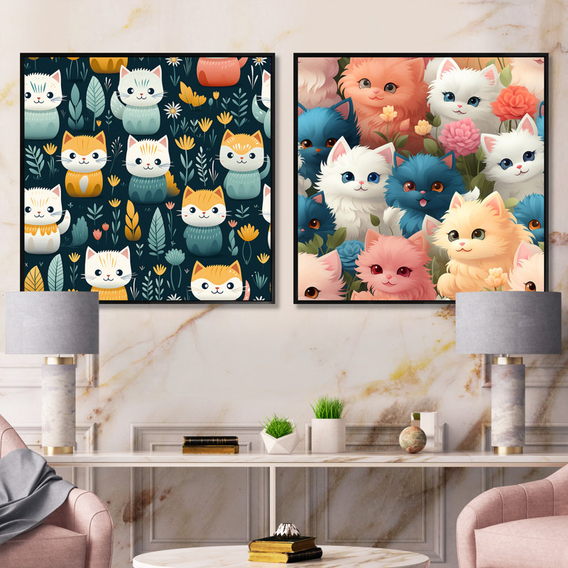 Cuddly Kittens - animaux, ensemble de 2 collages carrés, Cadre flottant noir, H 16 po x l 33 po