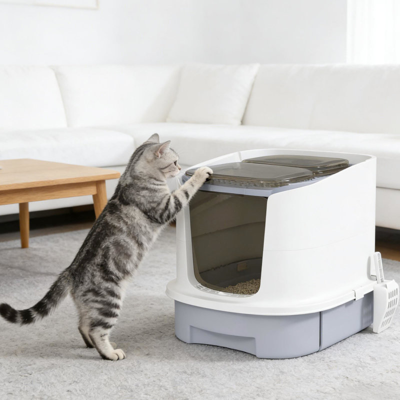 Bac à litière pour chat de moins de 10 lb, entrée bidirectionnelle, sortie supérieure, noir, l 15,9 po x P 20,7 po, H 16,7 po, facile à nettoyer, avec sacs de désodorisation, noir et blanc