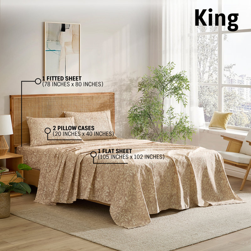 HLC.ME Leaves Printed Floral Bed Sheets - 4 Piece Patterned Bed Sheet Set - Wrinkle Resistant & Soft - Fits Mattresses Up To 15 Inches Deep (King, Taupe)