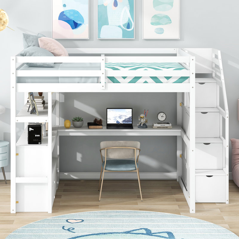 Lit mezzanine multifonctionnel avec bureau intégré, tablettes, tiroirs de rangement et escalier pour un espace de vie et de travail amélioré