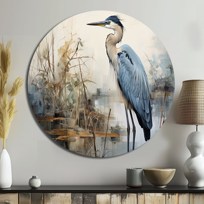 Blue Great Heron In Miminal Harmony II - Animals Round Metal Wall Art