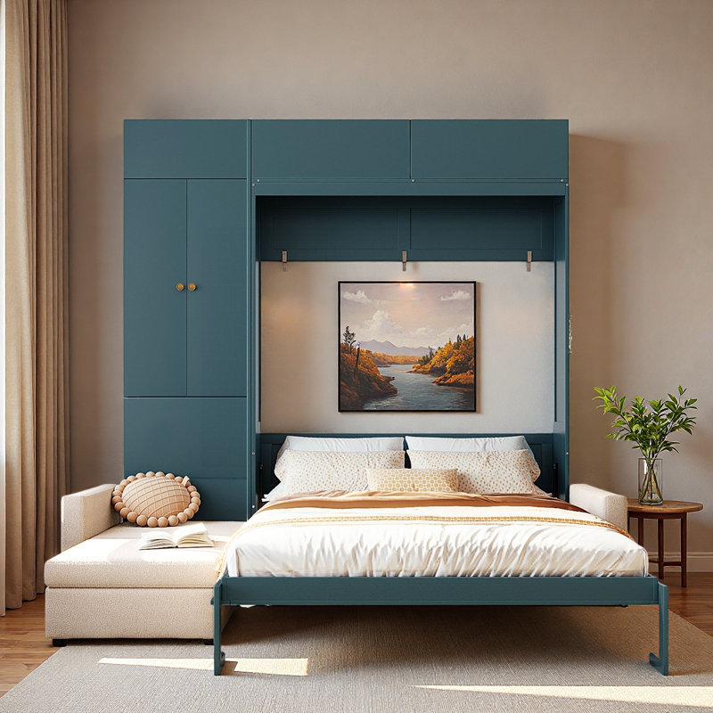 Lit escamotable avec canapé et armoires de rangement Murphy, Vert / Beige