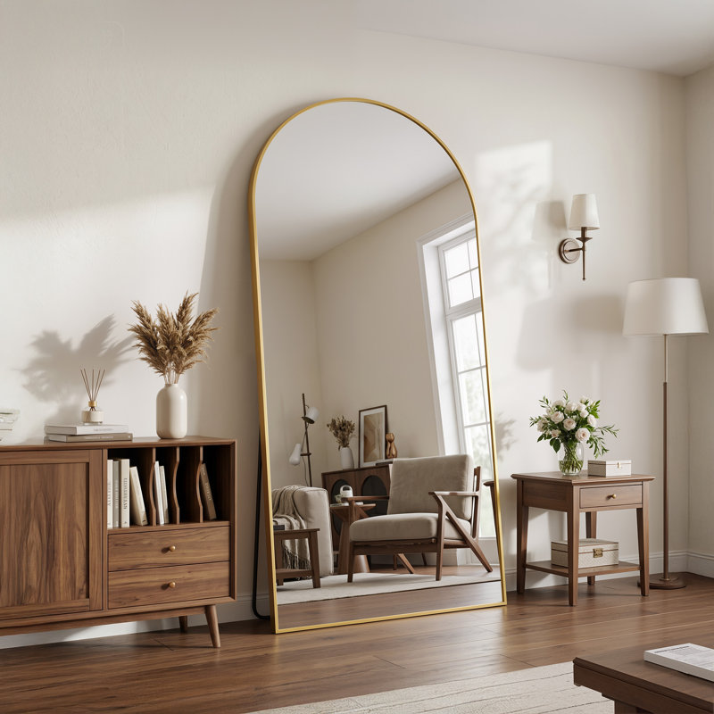 Miroir surdimensionné arqué en métal surdimensionné, Doré, 81 po x 41 po
