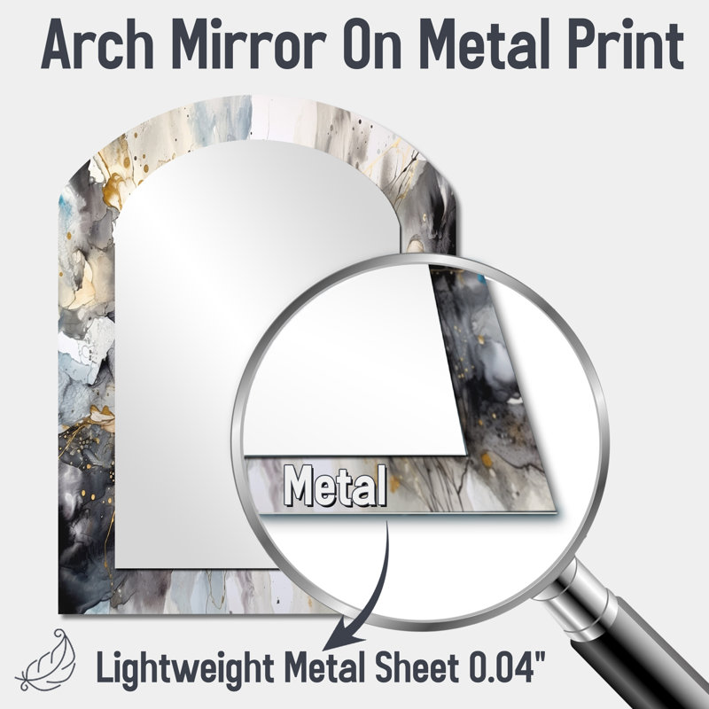 Grey Gold Delicate Abstract Brushstrokes II - Marble Arch Mirror, Grey Asymmetrical Unique Wall Mirror, Printed Metal Art