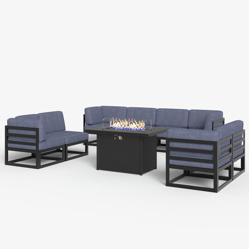 9 - Piece Outdoor Modular Sectional Set with Fire Table, Navy Blue