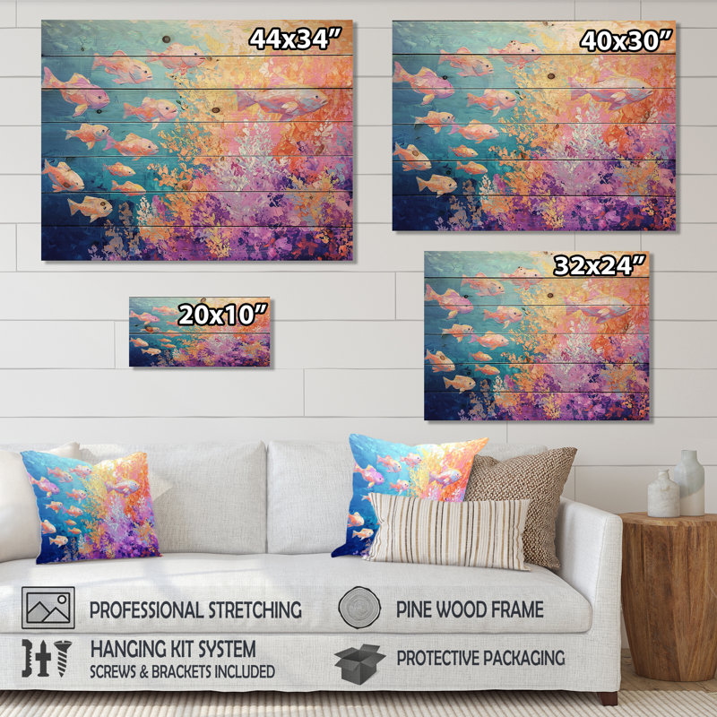 Coral Reef Fish Paradise VII - Décoration murale moderne en bois sur bois de pin naturel, H 30 po x l 40 po