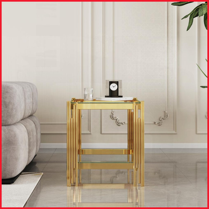 Table basse à double couche en verre trempé peu encombrant avec cadre en acier inoxydable miroir, facile à nettoyer
