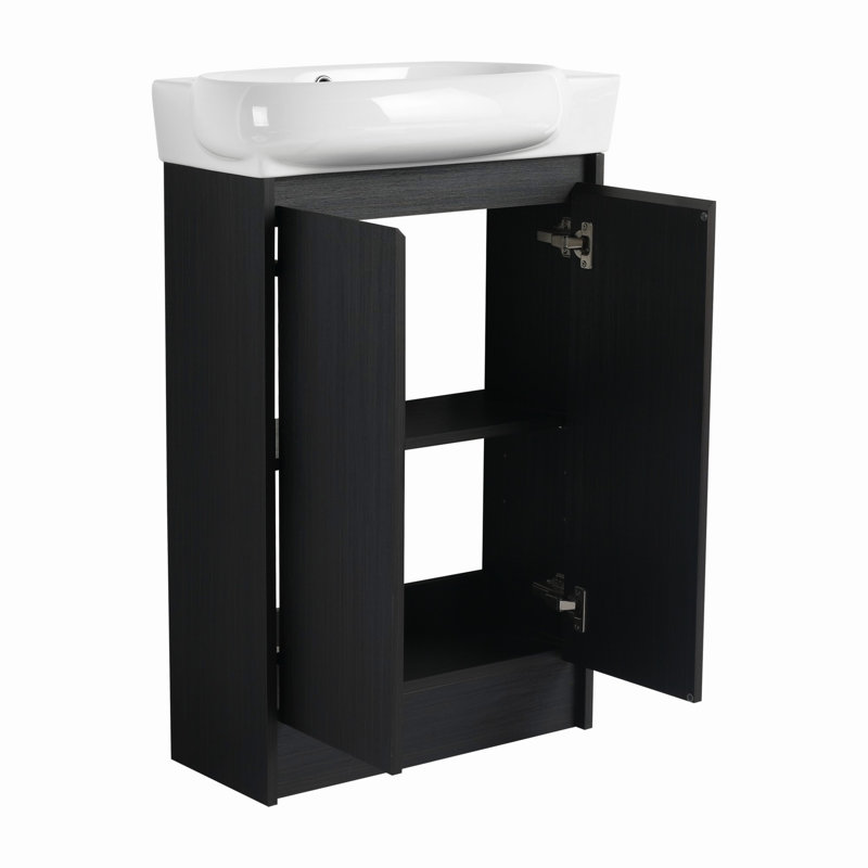Meuble-lavabo avec lavabo et support de rangement pour petite salle de bain, Châtaignier noir / blanc brillant