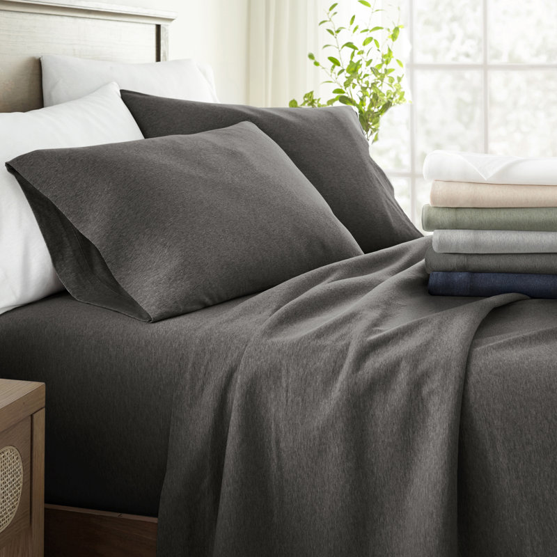 Ensemble de draps en jersey 4 pièces 100% coton, Gris, Ensemble de draps pour lit simple TG + un drap-hou