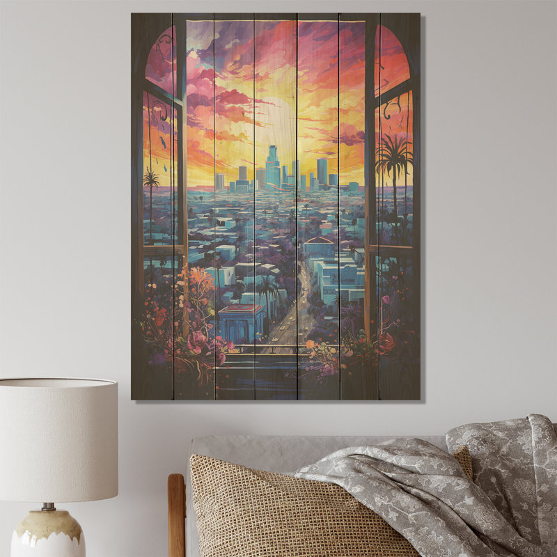 Los Angeles Window View II - fenêtre florale sur bois, H 44 po x l 34 po