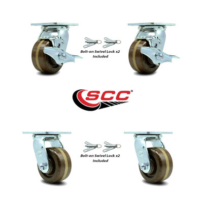 4 Piece High Temp Phenolic Caster Set with 2 Brakes/Swivel Lock 2 Rigid