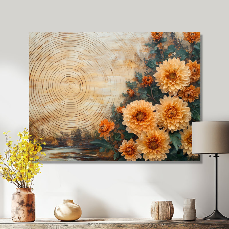 Fleurs d'automne de chrysanthèmes sur un plateau en bois II - Art mural en métal chrysanthèmes, H 34 po x l 44 po