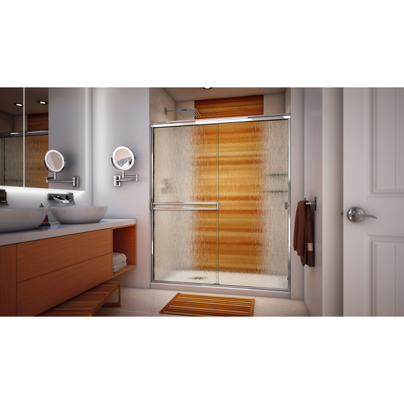 68" W Bypass Semi-Frameless Shower Door, Polished Chrome, Rain
