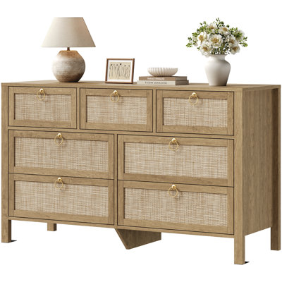 Pomodoro 51" W Rattan 7-Drawer Dresser With Golden Handles, Coastal Boho Bedroom Storage Chest