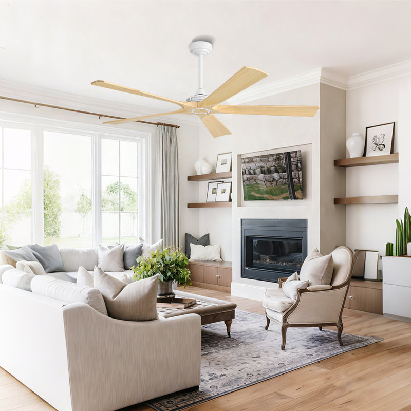  60inch 5 Solid Wood Blades Ceiling Fan Noiseless DC Motor 6 Speed Timer With Remote, White and Wood Grain, White