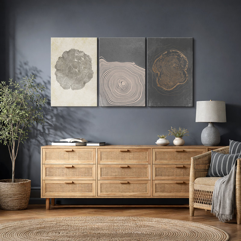 Pastel Gray Wood Tree Ring Neutral Minimalist Pictures Framed Canvas 3 Pieces Set Print Wall Art, 24" H x 16" W