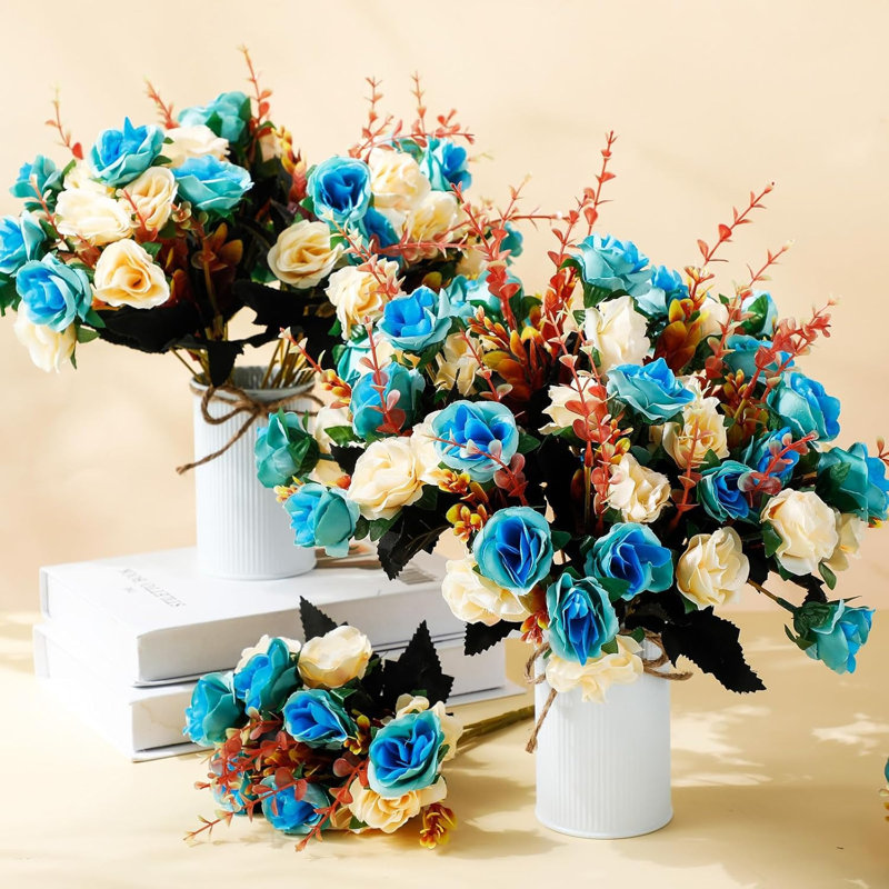 12 bouquets de fleurs roses en soie artificielle bleu clair